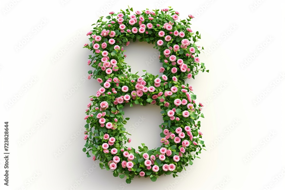 Vibrant 3d modern style letter 8 made from beautiful flowers, isolated on a white background. Vibrant 3d modern style letter 8 made from beautiful flowers, isolated on a white background.