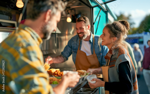 People buying food from a food truck.