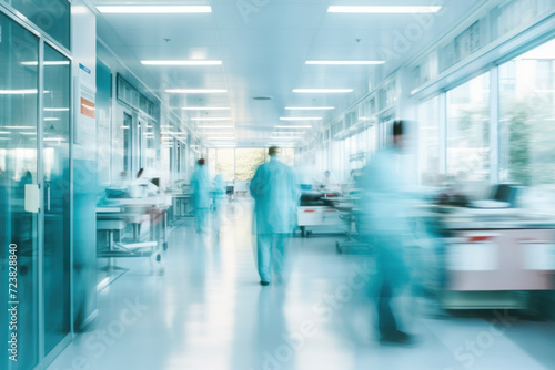 Health. abstract motion blur image of medical personnel working in emergency room at hospital office building in city downtown, blurred background, business center, medical technology concept photo