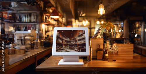 a counter, monitor on a bar counter in restaurant in white