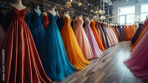Elegant formal dresses for sale in luxury modern shop boutique. Prom gown, wedding, evening, bridesmaid dresses dress details. Dress rental for various occasions and events, generative ai photo