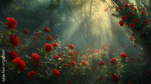 Fairytale dreamy and mystery forest of red roses with gentle morning sunlight and mist, digital illustration with matte painting, generative ai © Chaman