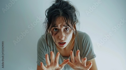 I'm afraid. Portrait of a frightened scared young woman with a bruise or abrasion on the face, on a white background in a begging pose extends arms forward in defense photo