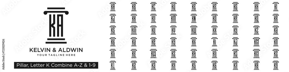 Obraz premium set of pillar logo design combined letter K with A to Z and numbers from 1 to 9. vector illustration