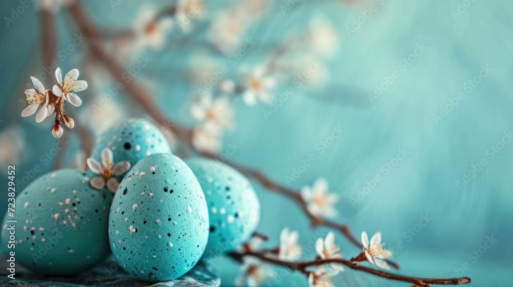 Speckled Easter Eggs on Aqua Background, Speckled robin's egg blue Easter eggs clustered together with a sprinkle of confetti on an aqua backdrop
