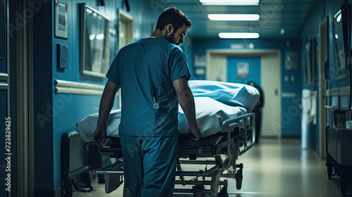Male nurse pushing stretcher gurney bed in hospital