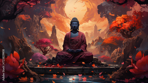 Serene Digital Illustration of Buddha Statue Amidst Autumn Foliage