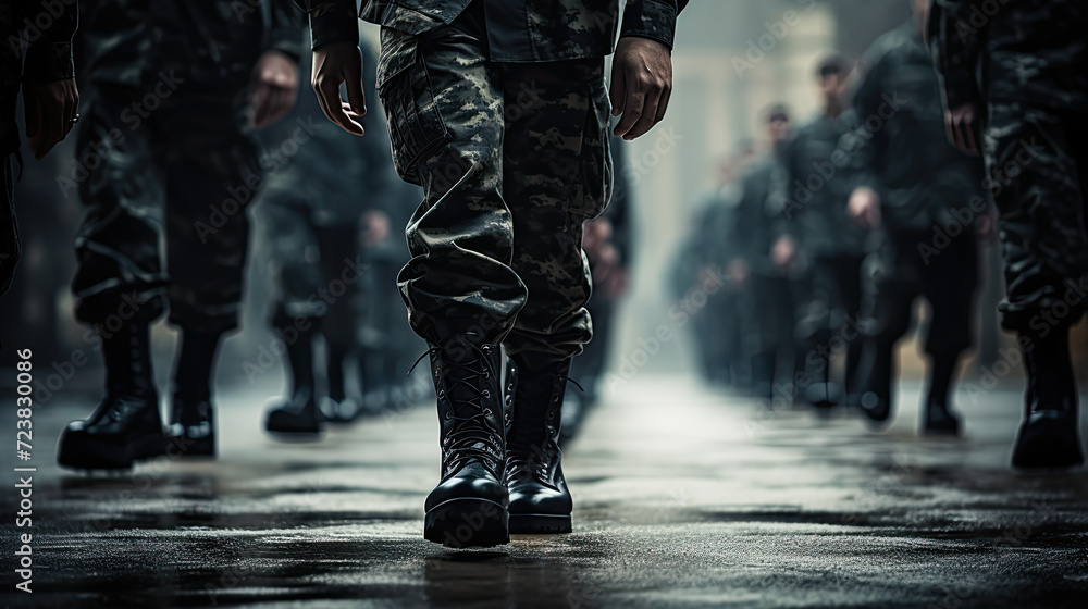 Obraz premium Marching army of men in uniform and boots close up