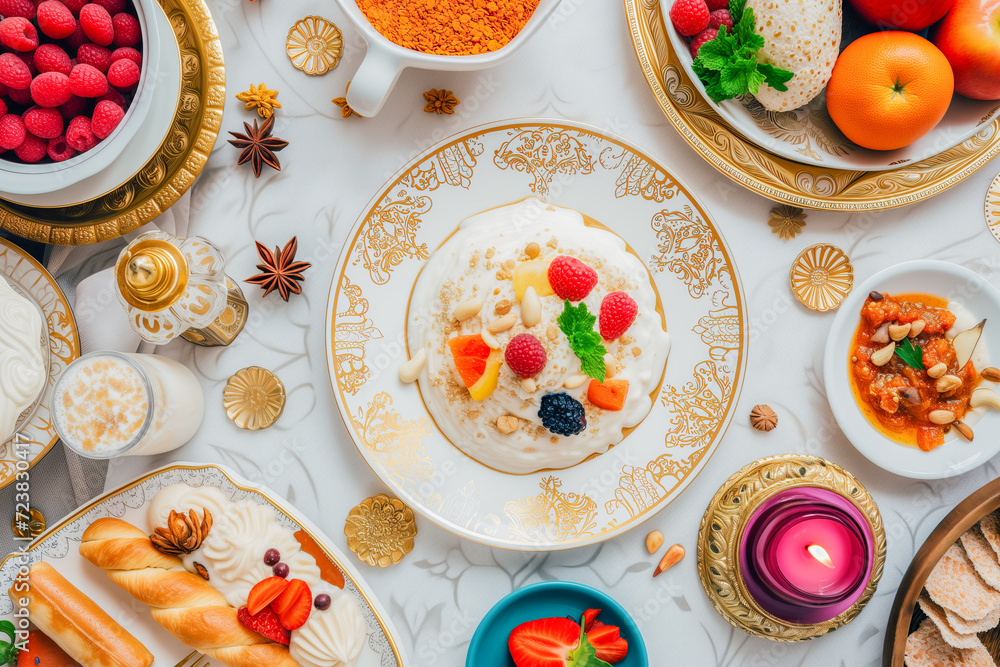 Plate of fresh fruits and yogurt, which convey the idea of peace and serenity, food concept, generative ai Plate of fresh fruits and yogurt, which convey the idea of peace and serenity, food concept, generative ai