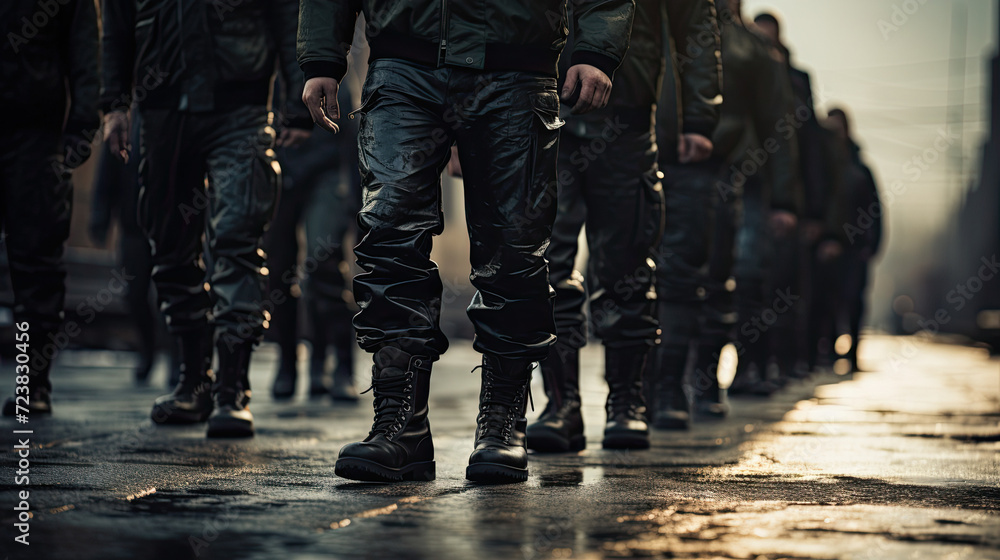 Marching army of men in uniform and boots close up