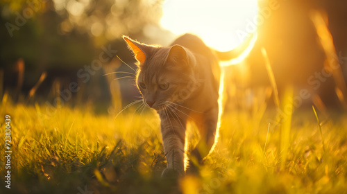 The cat is walking on the grass. photo