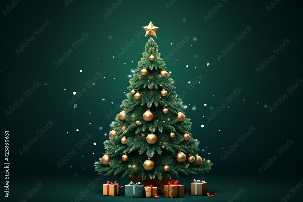 Decorated with ornaments and lights Christmas tree on dark green background. Merry Christmas and Happy Holidays greeting card, frame, banner. New Year. Noel. Winter holiday theme Decorated with ornaments and lights Christmas tree on dark green background. Merry Christmas and Happy Holidays greeting card, frame, banner. New Year. Noel. Winter holiday theme