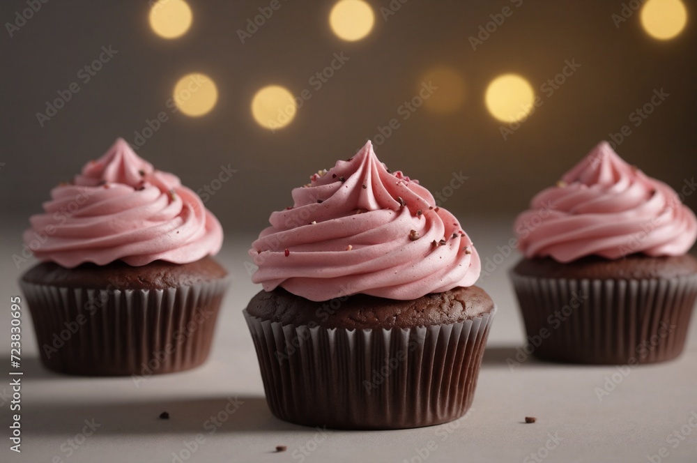 Elegant chocolate cupcakes with pink frosting and bokeh lights
