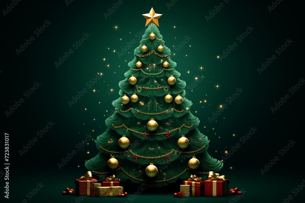 Obraz premium Decorated with ornaments and lights Christmas tree on dark green background. Merry Christmas and Happy Holidays greeting card, frame, banner. New Year. Noel. Winter holiday theme
