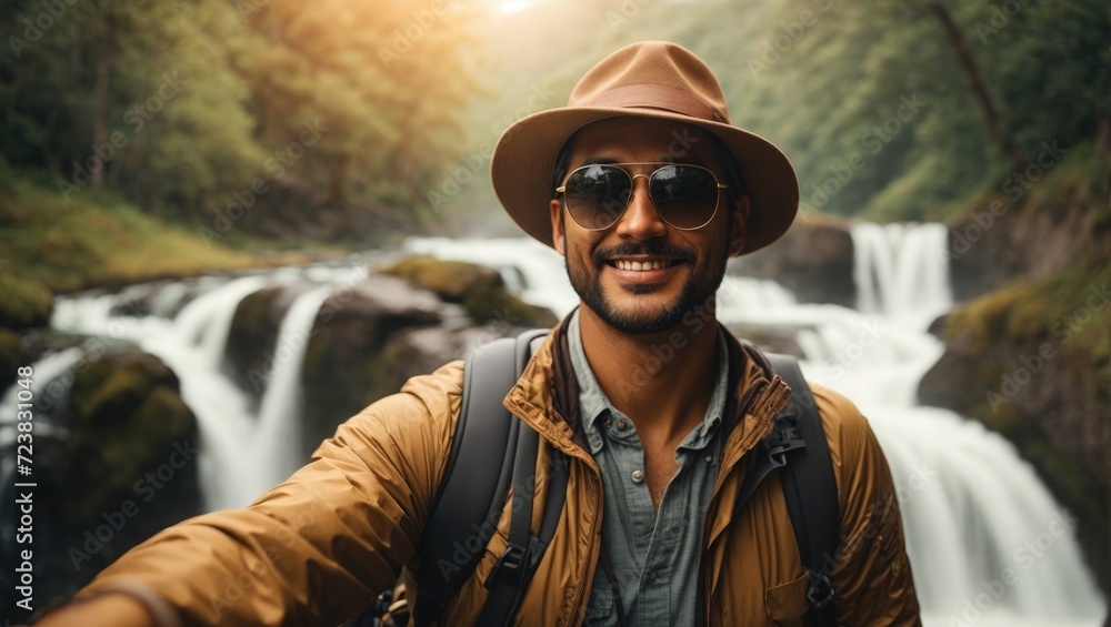 Tourist taking selfie with waterfalls. Travel concept. Tourist taking selfie with waterfalls. Travel concept.