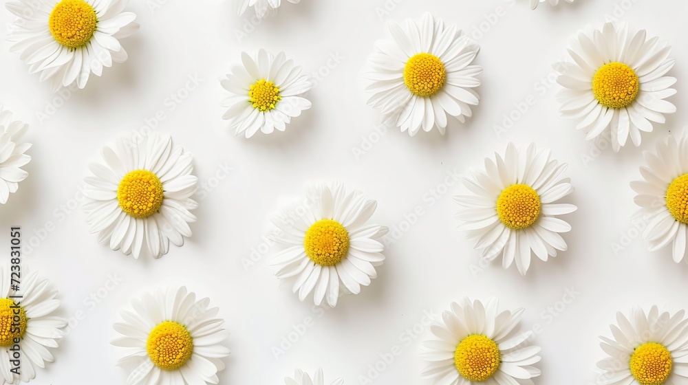 Scattered white daisy petals on simple background, top view for design and decoration