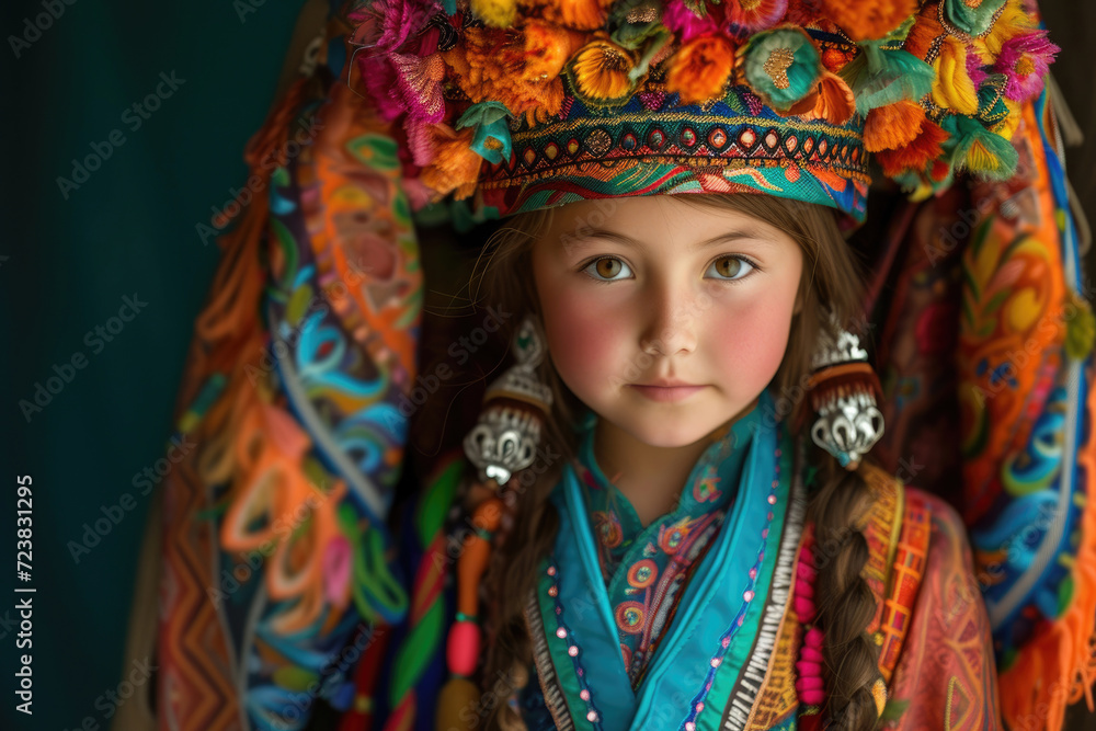 A young Kazakh girl, dressed in vibrant traditional attire