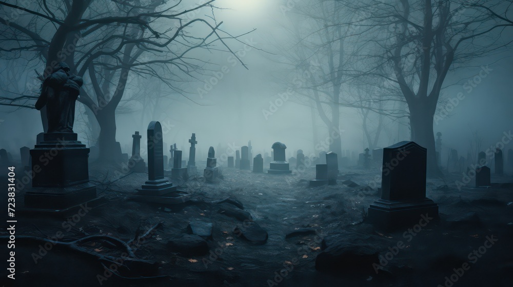 Night scene in a cemetery with gravestones Night scene in a cemetery with gravestones