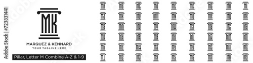 set of pillar logo design combined letter M with A to Z and numbers from 1 to 9. vector illustration