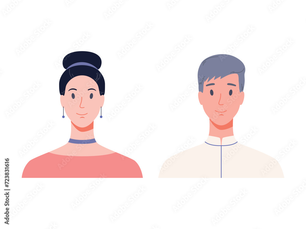 Portrait of man and woman, front view. Modern flat vector illustration isolated on white background Portrait of man and woman, front view. Modern flat vector illustration isolated on white background