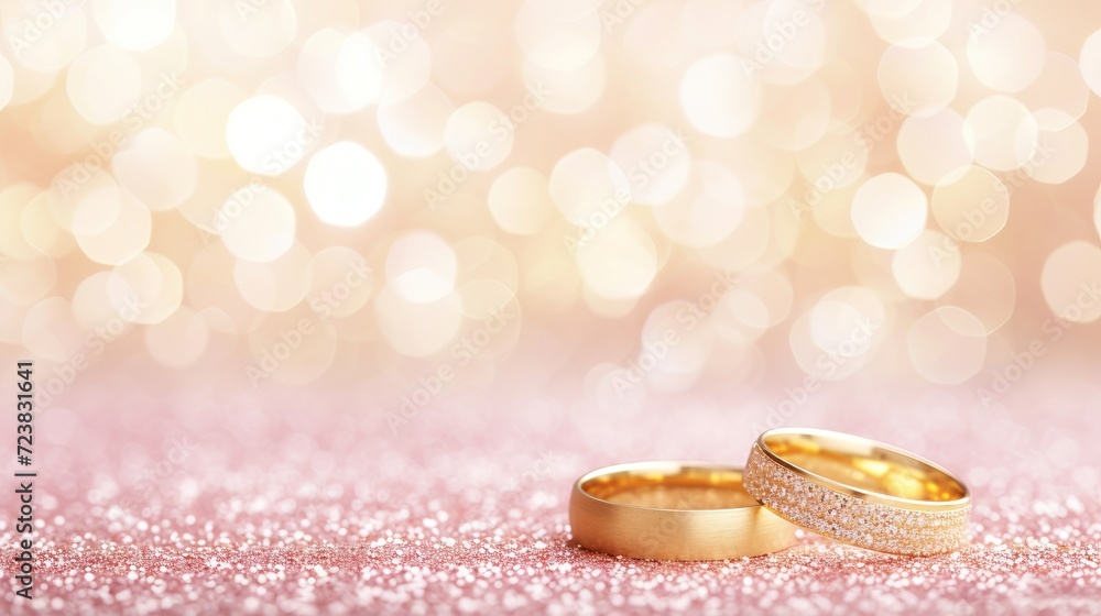Exquisite gold wedding rings on soft pink bokeh background with copy space for text placement Exquisite gold wedding rings on soft pink bokeh background with copy space for text placement