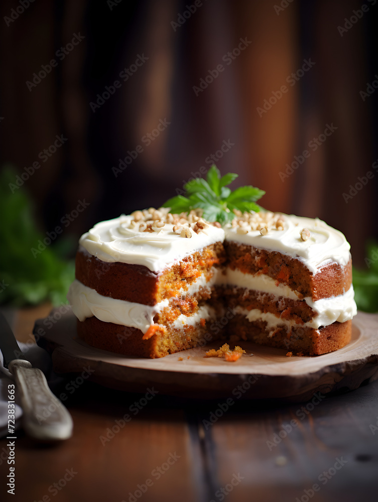 Cutted carrot cake with white buttercream frosting on wooden table, blurry dark background Cutted carrot cake with white buttercream frosting on wooden table, blurry dark background