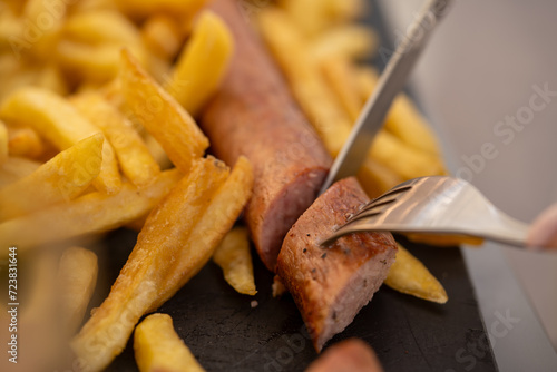 knife and fork cutting sausage on a black board with french fries