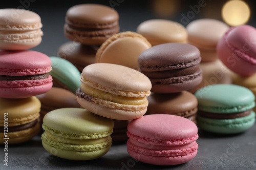 Assorted colorful macarons on dark background