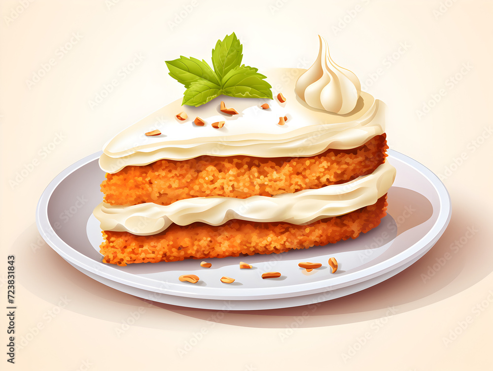 Watercolor illustration of a piece of carrot cake with buttercream on a plate, white background 