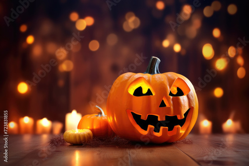 Photo of pumpkin jack o lantern at illuminated and celebratory background © LFK