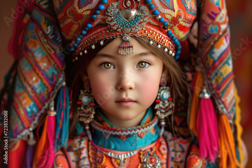 A Kazakh girl, adorned in vibrant traditional attire