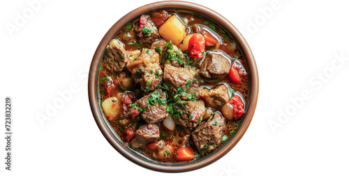 GULASCH Hungarian food on plate, center, top view, white background