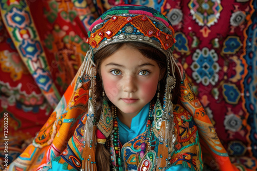 A Kazakh girl, adorned in vibrant traditional attire © Venka