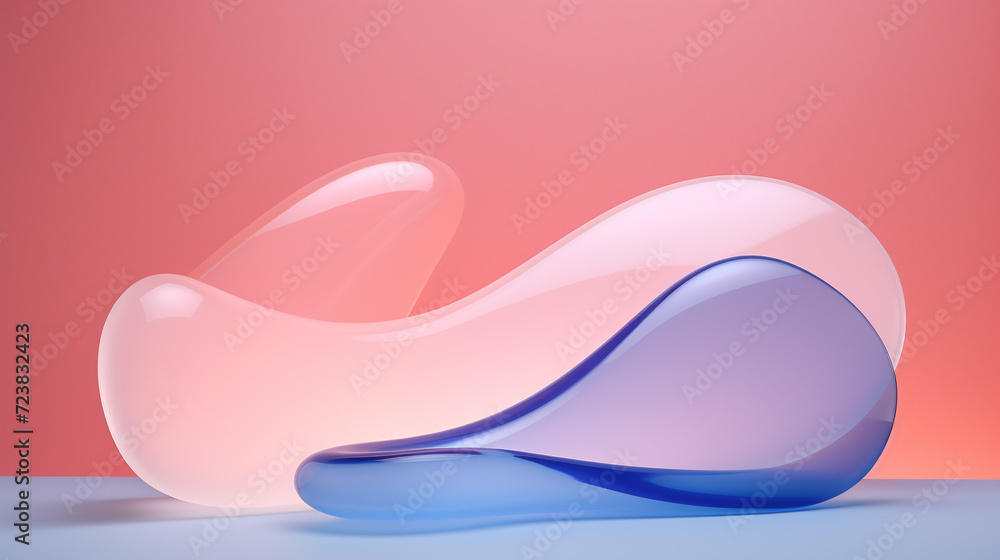 Minimalistic product mockup background with abstract formless glass dais. Modern art product mockup in retro futuristic style with pink and blue color background for perfume or cosmetic products