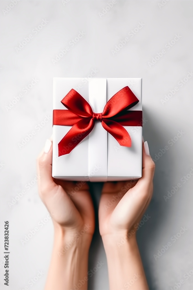 Female hands holding white gift box with red ribbon on gray background. Female hands holding white gift box with red ribbon on gray background.
