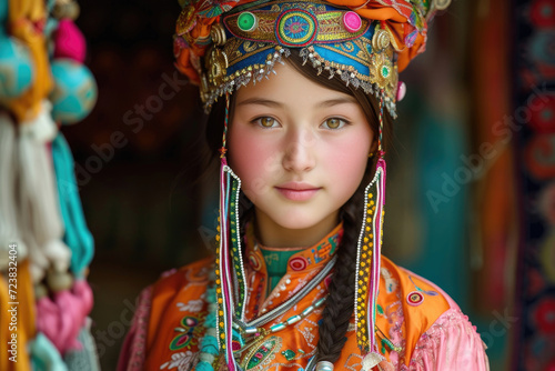 A Kazakh girl, adorned in vibrant traditional attire