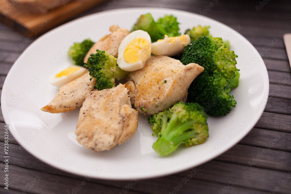 Pieces of fried chicken breast with boiled broccoli and quail eggs on plate for lunch Pieces of fried chicken breast with boiled broccoli and quail eggs on plate for lunch