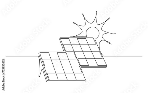 Sun and solar panel continuous one line icon drawing. Energy of sun with ecology power station vector illustration in doodle style. Contour line sign for innovation, environment, renewable 