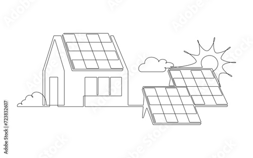 Sun, solar panel, house continuous one line icon drawing. Energy of sun with ecology home power station vector illustration in doodle style. Contour line sign for innovation, environment, renewable