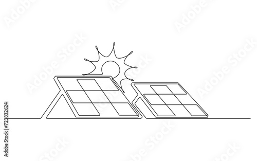 Sun and solar panel continuous one line icon drawing. Energy of sun with ecology power station vector illustration in doodle style. Contour line sign for innovation, environment, renewable 
