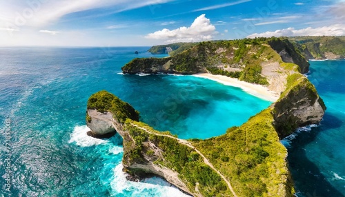 panorama of a coast as a background from top view turquoise water background from top view summer seascape from air nusa penida island indonesia travel image photo