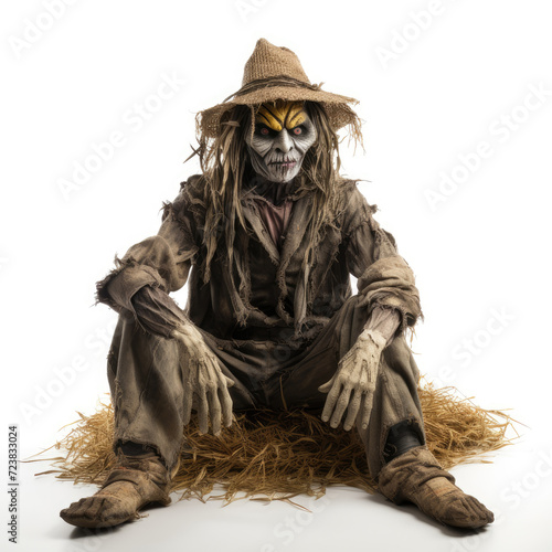 Photo of sitting scarecrow isolated on white background