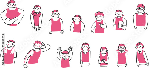 小学生からシニアまでのゼッケンまたはビブスをつけた人々　上半身　ボランティア　セット　イラスト素材	
