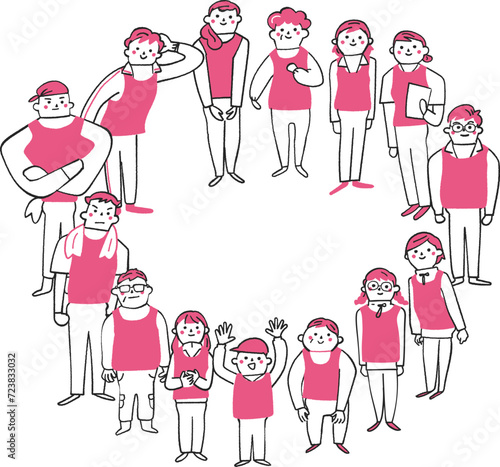 輪になって立つ小学生からシニアまでのゼッケンまたはビブスをつけた人々　ボランティア　セット　イラスト素材	
