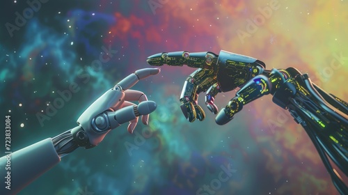 The human finger delicately touches the finger of a robot's metallic finger. Concept of harmonious coexistence of humans and AI technology, Ai generated