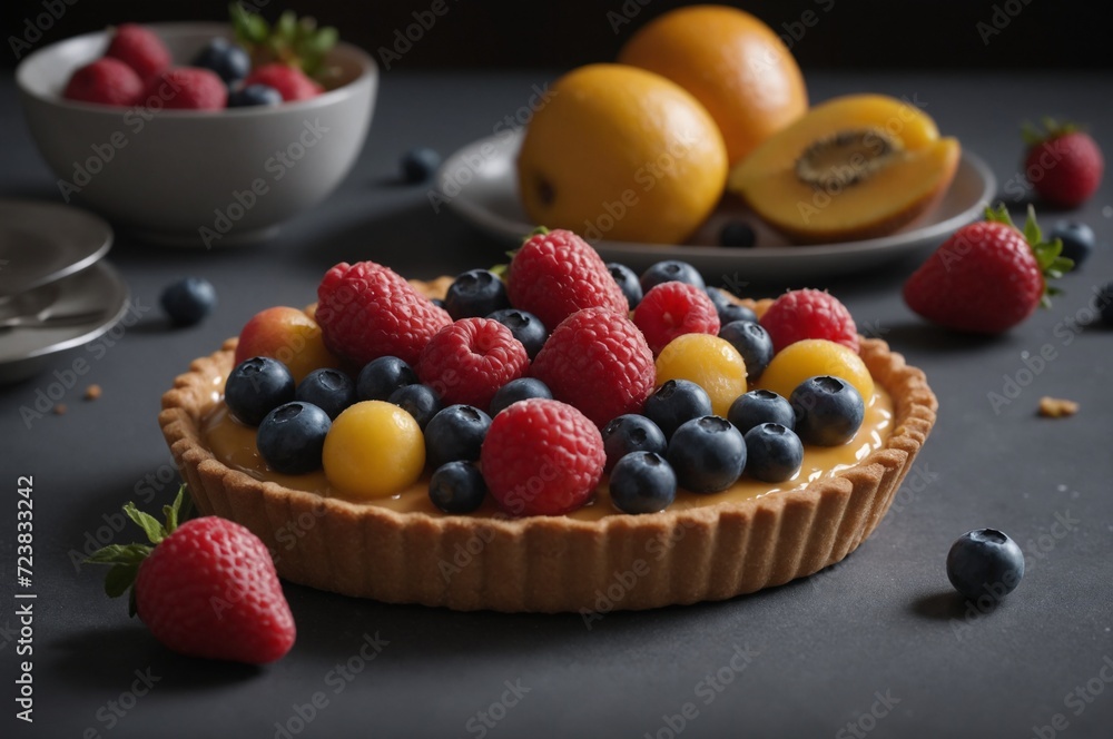 Fresh fruit tart on elegant dark background Fresh fruit tart on elegant dark background