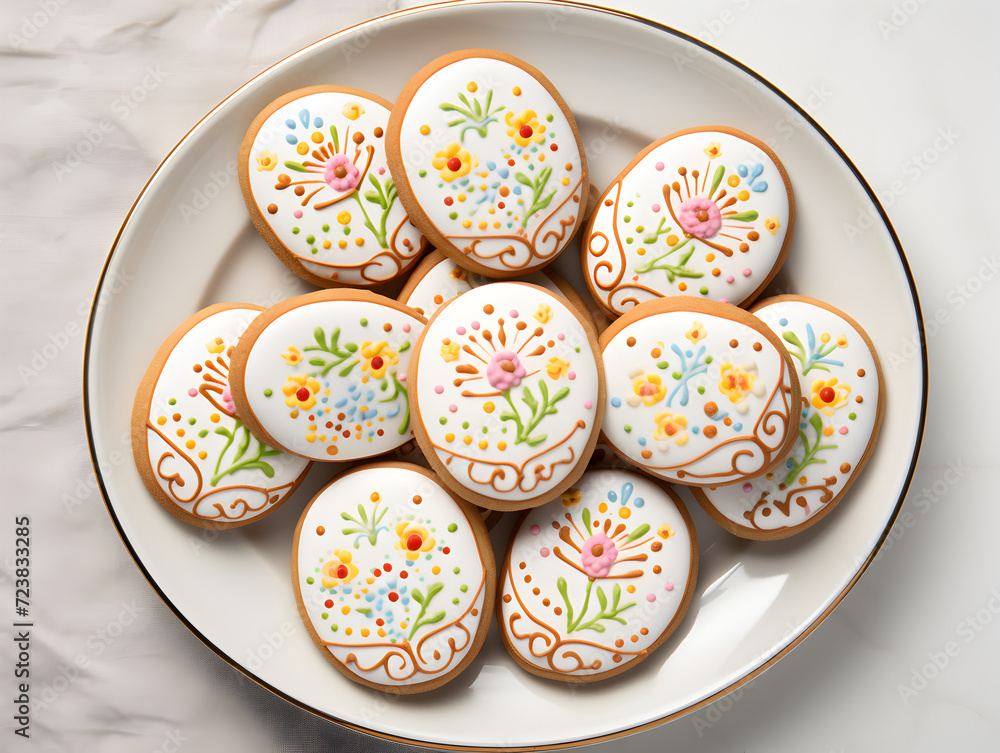 Top view of round easter cookies with sugar glaze, white plate