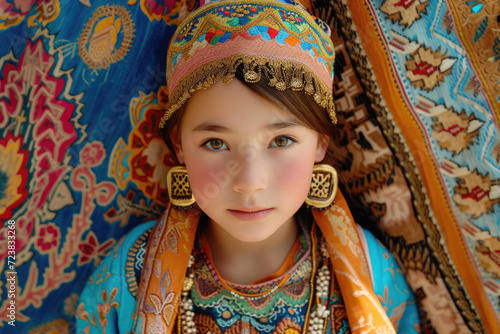 A young Kazakh girl, in vibrant traditional attire © Venka