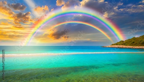 beautiful landscape with turquoise sea with double sided rainbow at sunset © Wendy