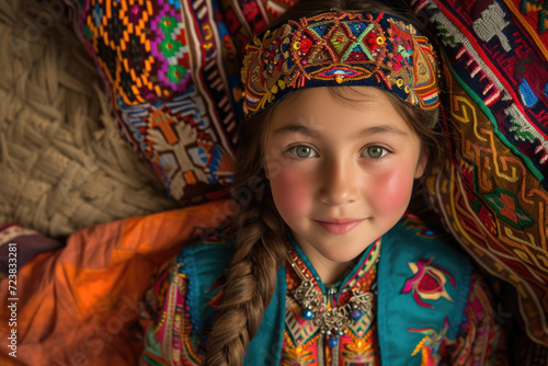 A young Kazakh girl, in vibrant traditional attire